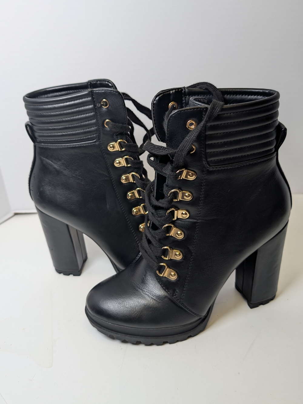 JustFab Black Lace-Up Block Heel Ankle Boots with Gold Hardware